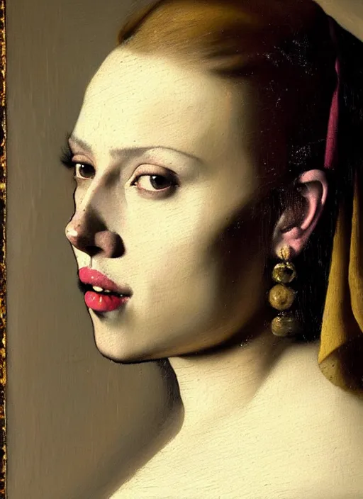 Image similar to portrait of scarlett johansson, oil painting by johannes vermeer, 1 7 th century, art, close up, oil on canvas, wet - on - wet technique, realistic, expressive emotions, intricate textures, illusionistic detail