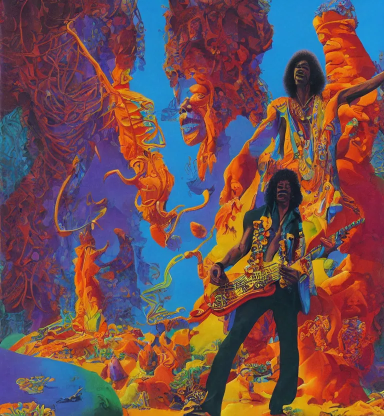 Prompt: colourful biomorphic temple, jimi hendrix full body, by pascal blanche and roger dean and greg hildebrandt, 8 k