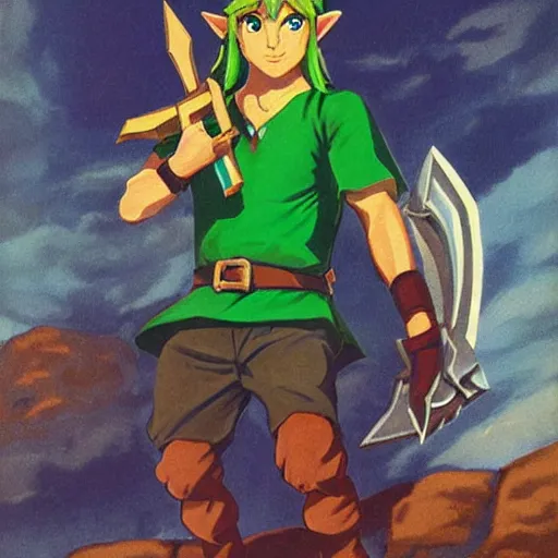 Image similar to “portrait of grown up Link from The Legend of Zelda a Link to The Past. Art by Morman Rockwell (1965)”