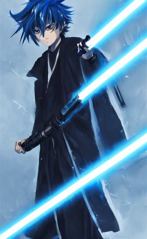 Image similar to anime boy with messy blue hair wearing black long jacket holding an dual blade lightsaber, WLOP, concept art, digital painting, trending on artstation, highly detailed, epic composition, 8k UHD