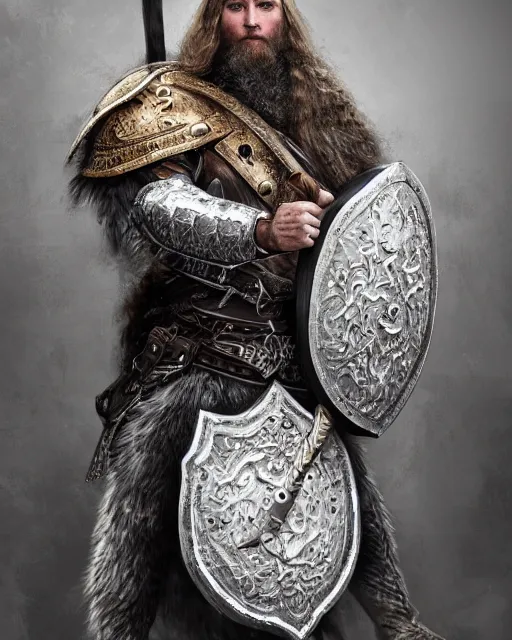 Prompt: hyperdetailed full body portrait of a viking, hyperdetailed fancy armor with white fluffy leather cape, hyperdetailed fancy horned helmet, holding an axe in one hand and a shield in the other, white long and fancy beard, hero pose, dramatic light, hd, sharp, illustration, realistic, hyperdetailed, studio light, trending on artstation