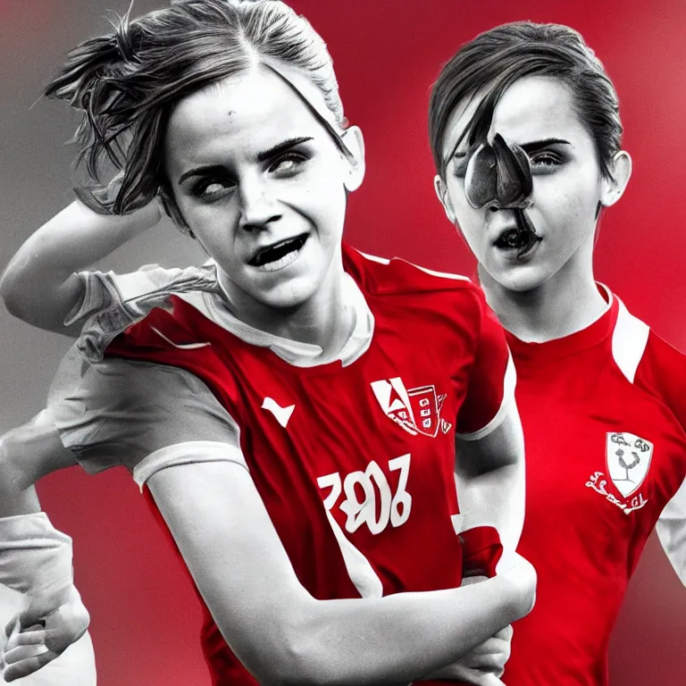 Image similar to emma watson as lokomotiv football player, hyper realistic, highly detailed