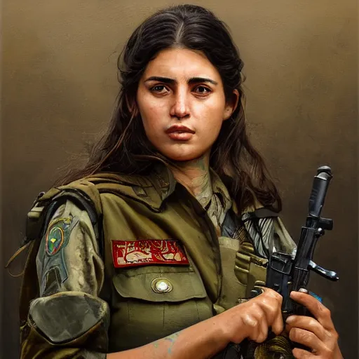 Image similar to a portrait of a beautiful woman Kurdish YPJ soldier, detailed, centered, digital painting, artstation, concept art, donato giancola, Joseph Christian Leyendecker, WLOP, Boris Vallejo, Breathtaking, 8k resolution, extremely detailed, beautiful, establishing shot, artistic, hyperrealistic, beautiful face, octane render