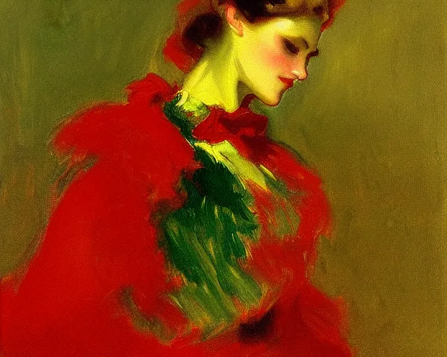 Image similar to a green, red, and gold painting by John Singer Sargent