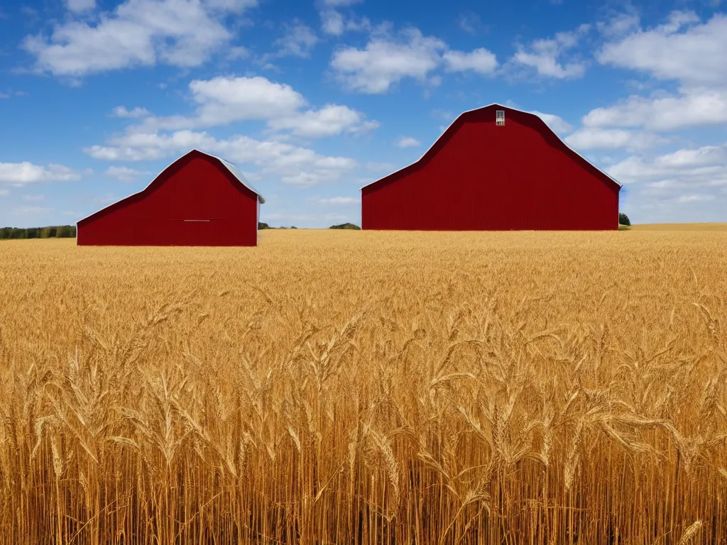 Prompt: A single isolated old red barn next to a wheat crop at noon. Blue sky, award winning photography, wide shot, surreal, dreamlike.