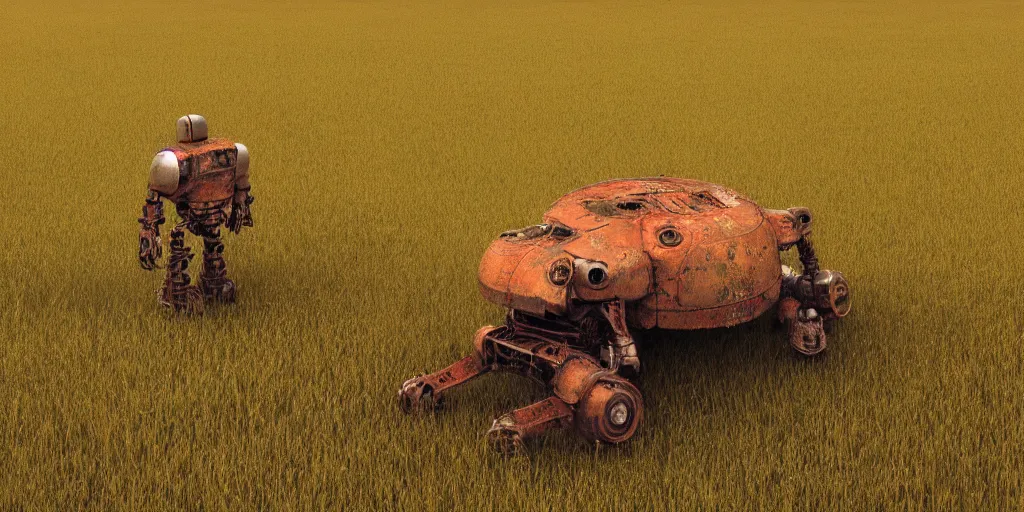 Prompt: a single colossal rusty old robot sad and alone in an empty field in the countryside with a barn on a bright sunny day by wes anderson and james c christensen and anka zhuravleva sharp digital painting. dreaming latent space. matte painting, concept art. artstation. digital render.