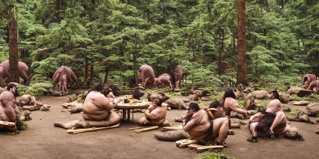 Image similar to photo, neanderthal people, sumo japanese, eating inside mcdonalds, surrounded by dinosaurs!, gigantic forest trees, sitting on rocks, bright moon