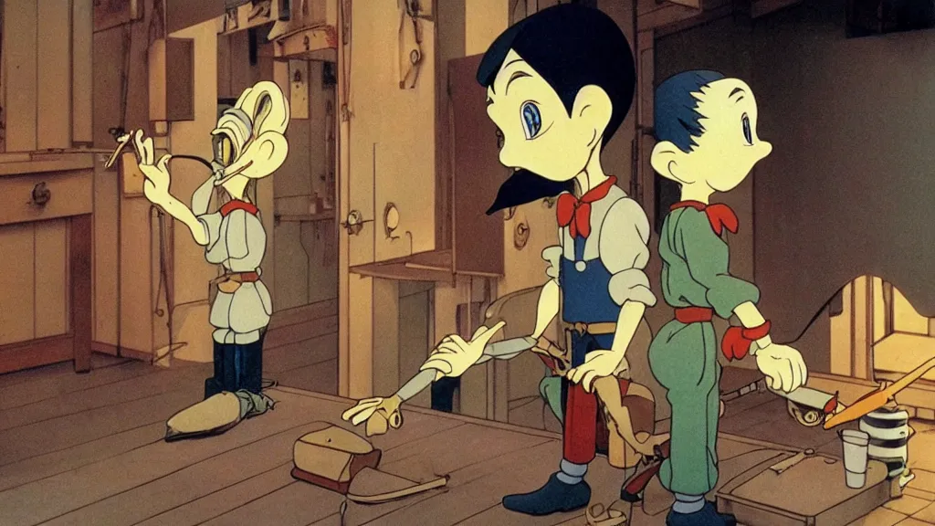 Image similar to geppetto making pinocchio, anime film still from the an anime directed by katsuhiro otomo with art direction by salvador dali, wide lens