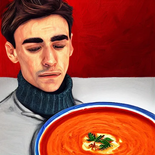 Image similar to Charles leclerc crying into a bowl of tomato soup, digital art, 8k