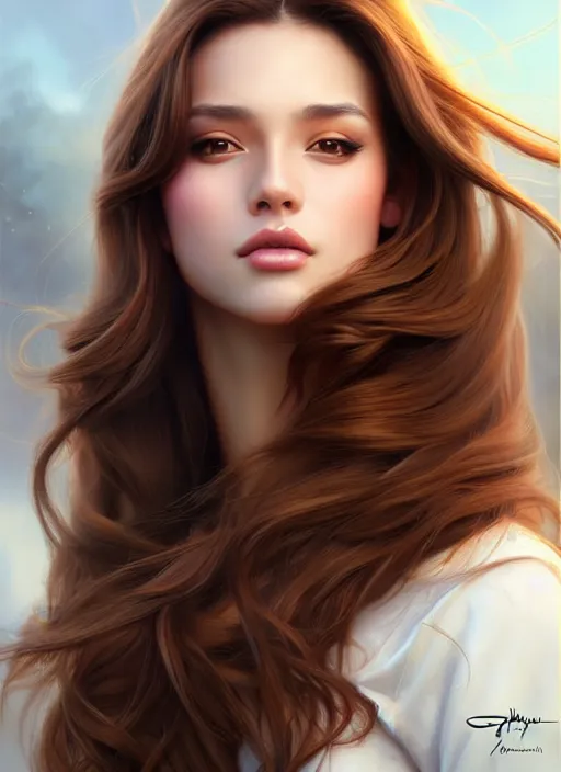 Image similar to a gorgeous female with long brown hair in the style of stefan kostic, realistic, full body shot, wide angle, sharp focus, 8 k high definition, insanely detailed, intricate, elegant, art by stanley lau and artgerm, floating embers