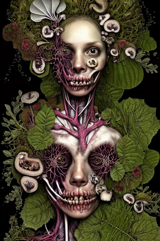 Prompt: very sad and detailed rotten woman corpse with fractal plants and fractal flowers and mushrooms growing around, face muscles, veins, arteries, bones, anatomical, skull, eye, ears, intricate, ornate, surreal, ray caesar, john constable, guy denning, dan hillier