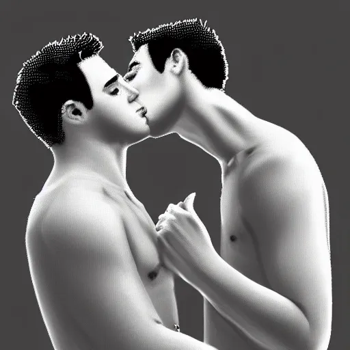 Prompt: 2 guys kissing each other one is slightly shorter than the other. digital art, trending on art station.