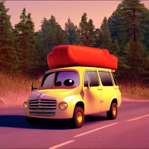 Prompt: a still from a Pixar movie, of a family car, with stacks of luggage on top, on a road in the forest, leading to a beach, dramatic lighting, by Victor Hugo, golden hour, octane render, unreal engine, full-shot, very, very, very, very cute photo