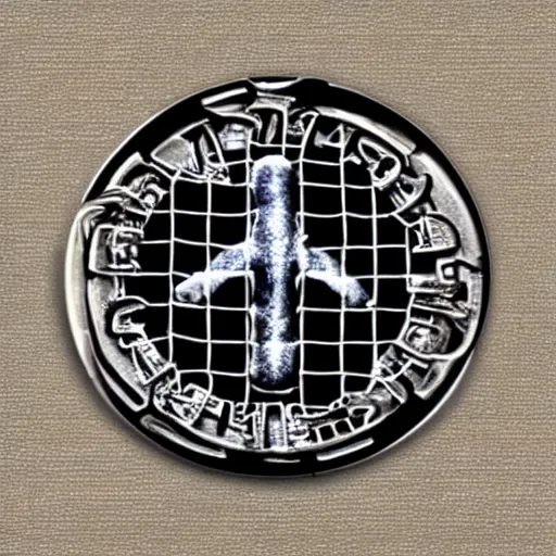 Image similar to transhumanism, metal badge with a hair clip