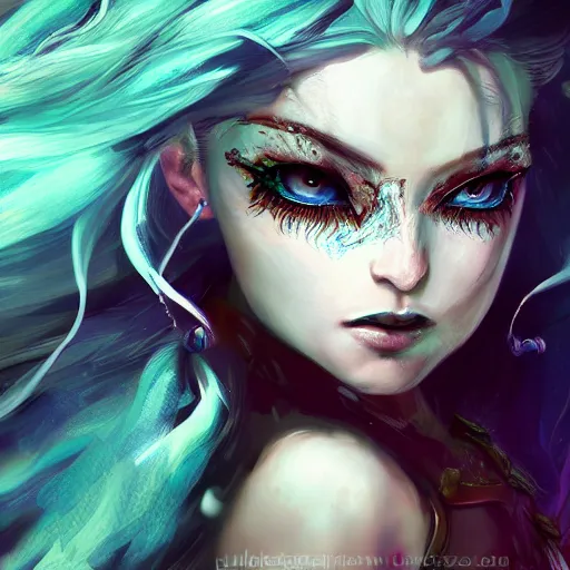 Prompt: portrait of young girl half dragon half human, dragon girl, dragon skin, dragon eyes, dragon crown, blue hair, long hair, highly detailed, cinematic lighting, by Guillermo del toro