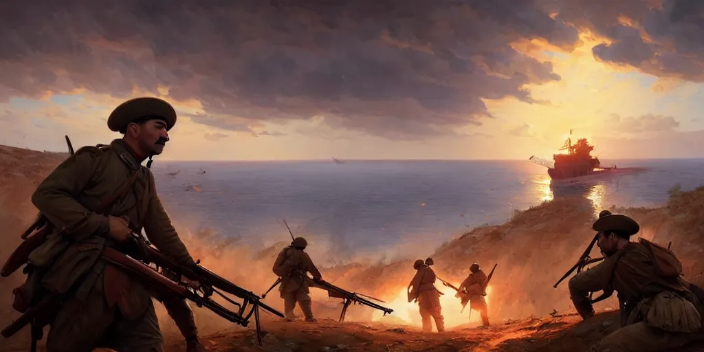 Image similar to gallipoli campaign, turkish soldiers are defending the dardanelles, battlefield 1 aesthetic, extremely detailed digital painting, in the style of fenghua zhong and ruan jia and jeremy lipking and peter mohrbacher, mystical colors, rim light, beautiful lighting, 8 k, stunning scene, raytracing, octane, trending on artstation