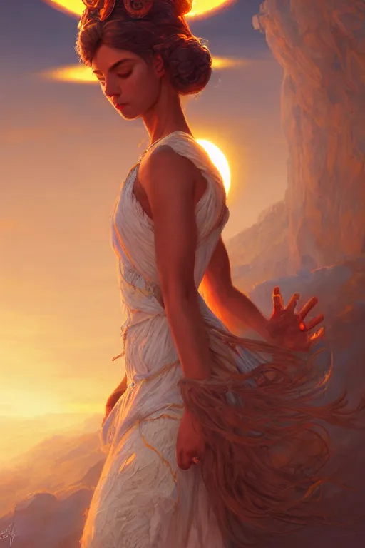 Image similar to goddess of the sun, highly detailed, digital painting, artstation, concept art, smooth, sharp focus, illustration, unreal engine 5, 8 k, art by artgerm and greg rutkowski and edgar maxence