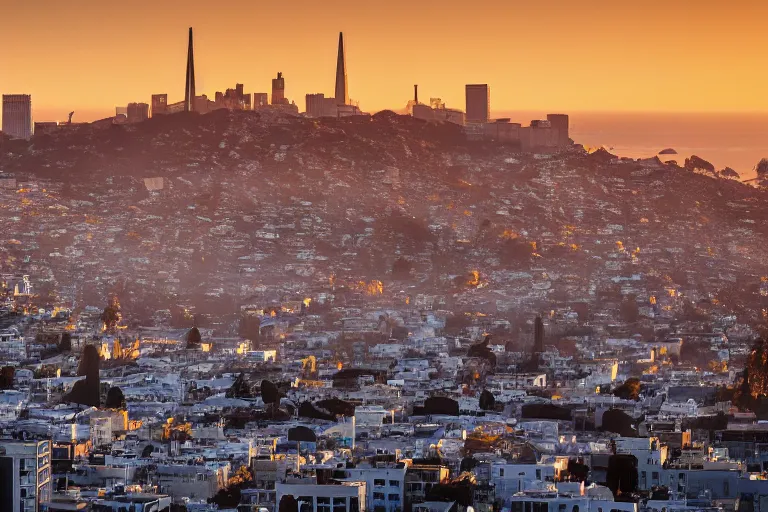 Prompt: aerial view of san francisco post apocalyptic, panoramic photography, golden hour, soft lighting, beautiful photo