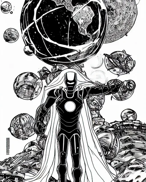 Image similar to black and white sad iron man with shawarma on hands, stay on the destroed moon, wires earth background, by tsutomu nihei