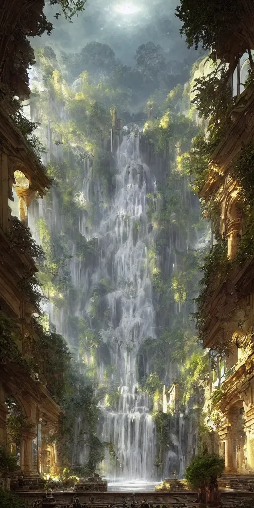 Prompt: detailed interior of the monastery ruins, waterfall walls, lush vegetation, light shafts, the glowing throne, stunning atmosphere, by greg rutkowski, style of peter mohrbacher, nature by asher brown durand