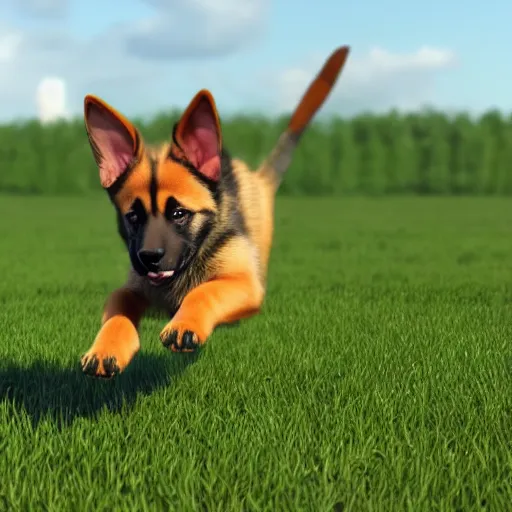 Prompt: my gsd puppy gets the zoomies, high energy, frenetic craziness, running, jumping, chasing, 3 d octane render, imax 7 0 mm, rtx,