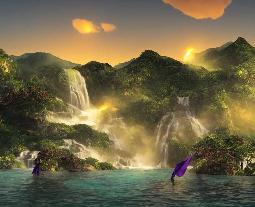 Image similar to a low-poly render of a big purple hand holding the orange setting sun on the ocean horizon. a green tinted transparent beckoning lady in front of a waterfall. a cream colored abandoned building featuring two statues and pitch black periphery. a prehistoric jungle scene with a mountain in the background.