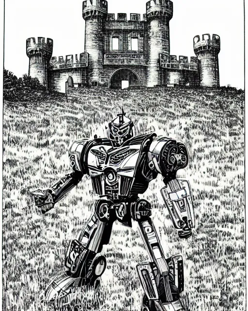 Prompt: an illustration of the autobot bumblebee,, full body, standing in a field, castle in the background, pen-and-ink illustration, etching, by Russ Nicholson, DAvid A Trampier, larry elmore, 1981, HQ scan, intricate details