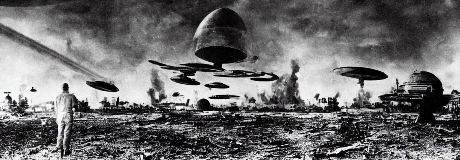 Image similar to Invasion of an alien life form in Germany, black and white photography, World War II, destruction, ufo, flying saucers, laser weapons, outerspace, technology