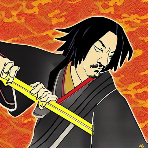 Image similar to Snoop dogg samurai Champloo Champloo defensive stance with katana, in style of samurai anime, artsation, close up