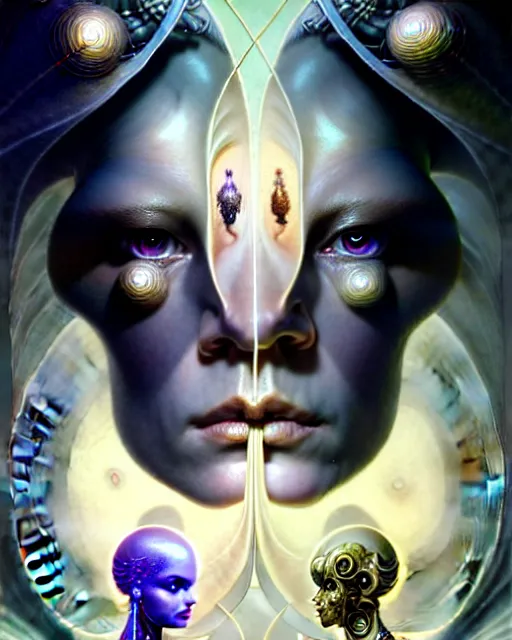 Image similar to a portrait of gemini light and dark fantasy character portrait made of fractals facing each other, ultra realistic, wide angle, intricate details, the fifth element artifacts, highly detailed by peter mohrbacher, hajime sorayama, wayne barlowe, boris vallejo, aaron horkey, gaston bussiere, craig mullins