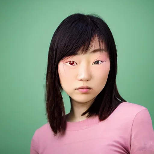 Prompt: front view mug shot of a young beautiful delicate atractive japanese female, holographic digital photography, soft studio lighting, chroma green background