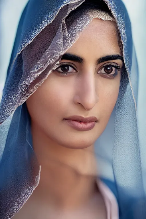 Prompt: Ameera al-Taweel portrait, beautiful female face, straight hair, blue eyes, transparent veil on face, cinematic lighting, hyper-detailed, 8k, high resolution, by Steve McCurry