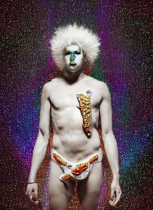 Image similar to photo of baroque and bladerunner delicate neon diamond sculpture of ceramic albino king marlon teixeira seductive delicious tongue out, creamy orange iridescent humanoid deity wearing white fluffy hoody holding diamond skull in a black metallic dungeon, reclining, glowing rainbow face, crown of white diamonds, cinematic lighting, photorealistic, octane render 8 k depth of field 3 d