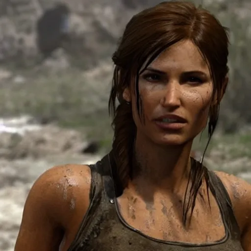 Prompt: film scene lara croft emerges from the river water, her face is covered with mud, part of the body is still in the river, it looks sweaty, hd