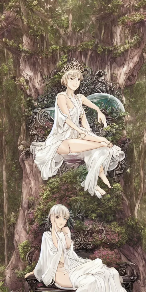 Prompt: an highly detailed magical empress sitting by herself on a sofa in a forest wearing a white robe drawn by cloverworks studio, elegant, beauty, tarot card,