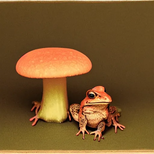 Image similar to A toad seated on an amanita-colored throne