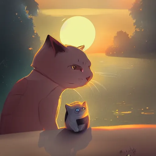 Image similar to a cat with a robot watching the sunset, digital art, smooth, detailed, artstation