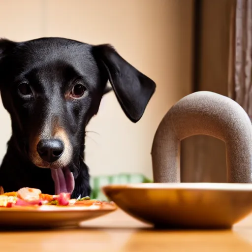 Prompt: a cute dog stares longingly at dinner, photo