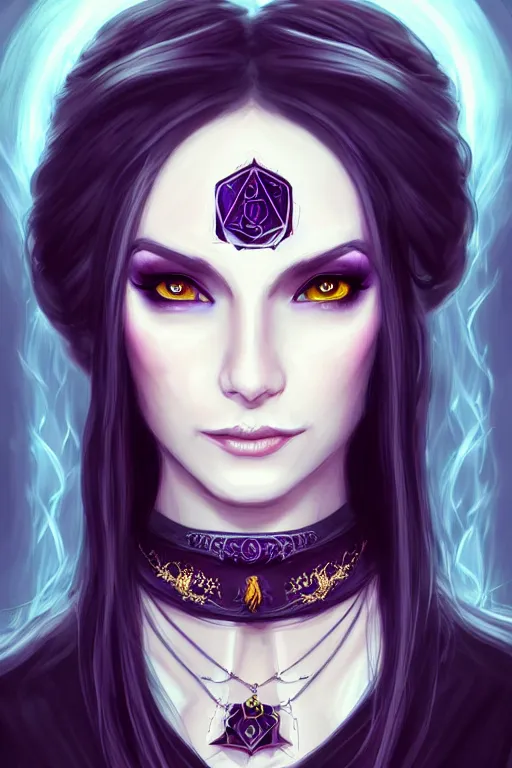 Prompt: portrait of a gorgeous female warlock, looking at camera, D&D, choker on neck, stylish dark dress, arcane symbols, very long flowing hair, intricate, elegant, stylish, cute slightly nerdy smile, mouth slightly open, fantasy, extremely detailed, digital painting, artstation, concept art, smooth, sharp focus, illustration, stunning lighting, art by artgerm and greg rutkowski and alphonse mucha and simon stalenhag