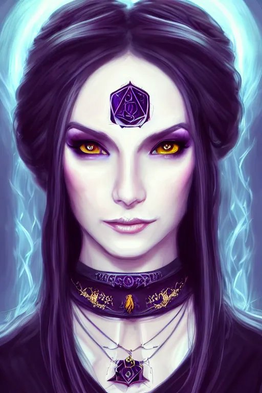 Image similar to portrait of a gorgeous female warlock, looking at camera, D&D, choker on neck, stylish dark dress, arcane symbols, very long flowing hair, intricate, elegant, stylish, cute slightly nerdy smile, mouth slightly open, fantasy, extremely detailed, digital painting, artstation, concept art, smooth, sharp focus, illustration, stunning lighting, art by artgerm and greg rutkowski and alphonse mucha and simon stalenhag