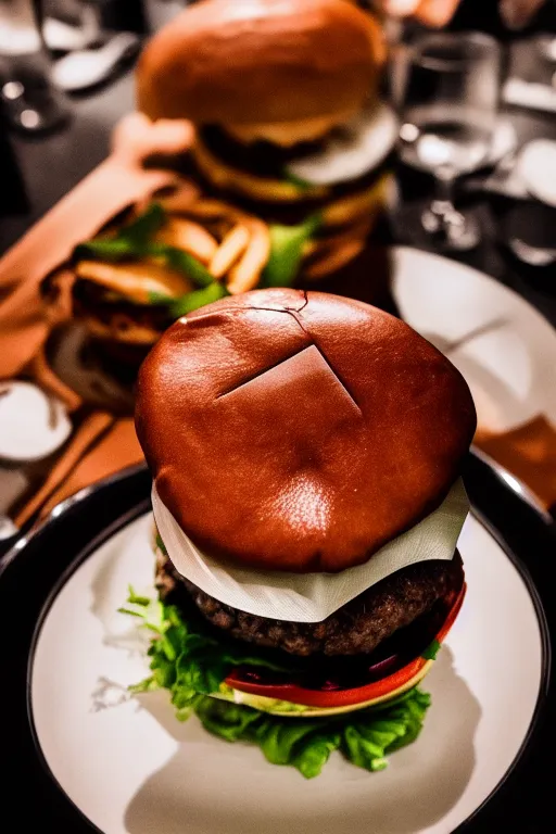 Image similar to an endless burger, symmetry, cinematic, elegant, expensive, luxury materials, perfect light, perfect composition, dlsr photography, sharp focus, 4 k, ultra hd, sense of awe, by tiffany and swarovski