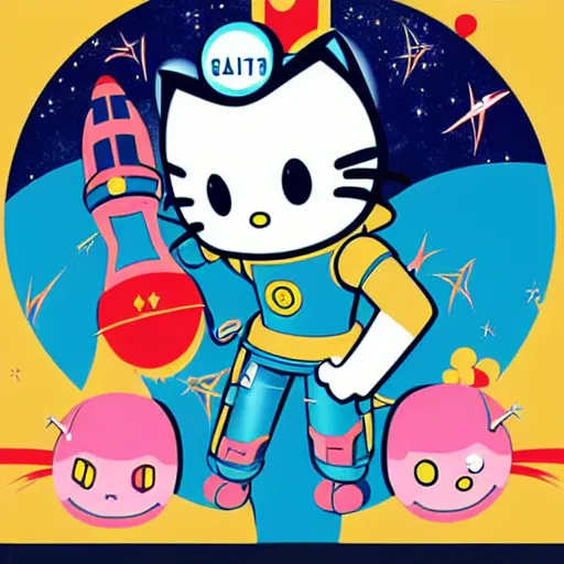 Prompt: criterion collection Poster art for the film Robo Hello Kitty Astro boy goes to Space sticker design vector