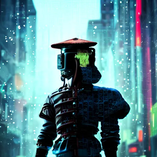 Prompt: photo of a cyberpunk samurai