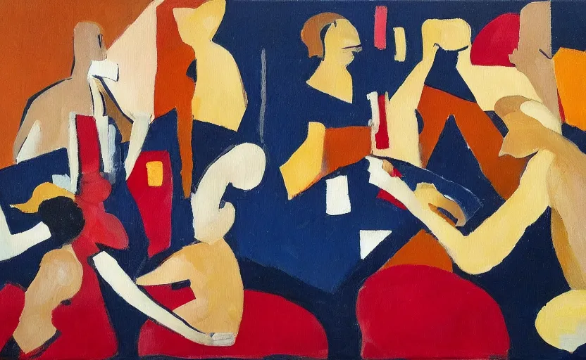 Image similar to oil painting in the style of john craxton sailors. playing cards. seated figure hands on table. strong expressions on faces. cheekbones. aesthetics to ivon hitchins. line drawing on painting, brush marks