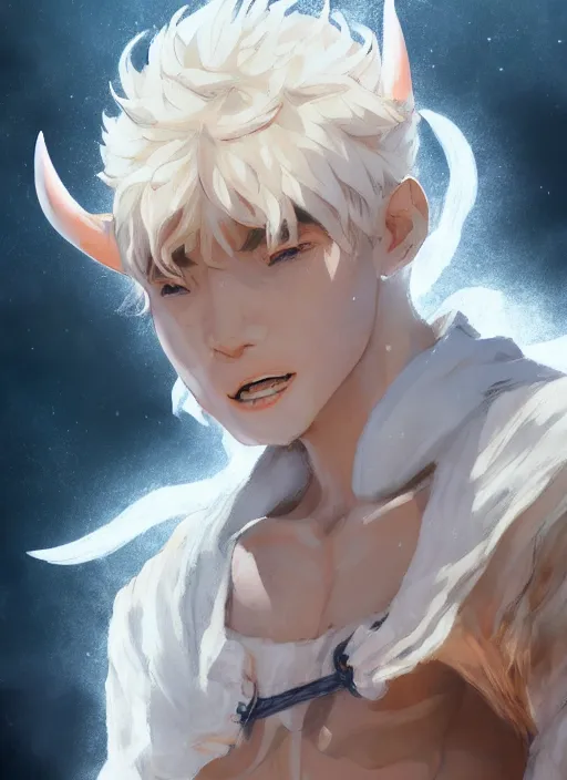 Image similar to concept art painting of a person with brown skin and short white hair, demon horns, white freckles, full clothing, blue robes, detailed, cel shaded, in the style of ruan jia and artgerm and makoto shinkai and james gurney