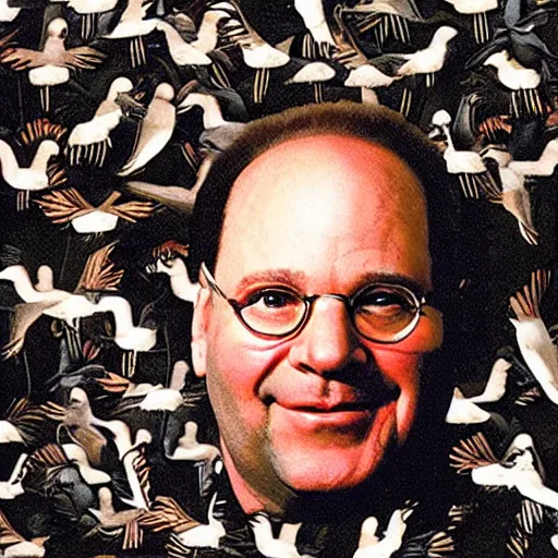 Prompt: George Costanza, caught in a trap of his own making, is plucked into the heavens by birds.