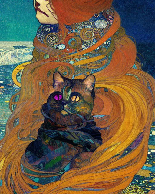 Image similar to ocean cat portrait an oil painting splashes with many colors and shapes by gustav klimt greg rutkowski and alphonse mucha, polycount, generative art, psychedelic, fractalism, glitch art