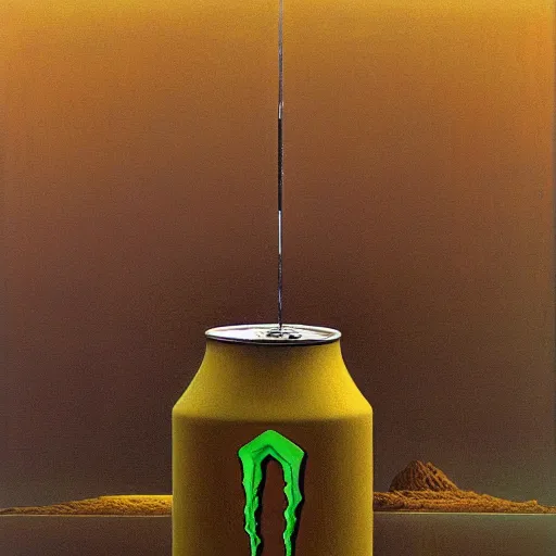 Prompt: can of Monster energy drink by Zdzisław Beksiński, oil on canvas