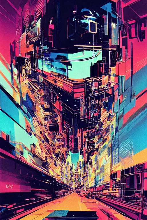 Prompt: fisheye, a silhouette of a woman lost in tensor fields cityscape, madness, decoherence, synthwave, glitch!!, fracture, realistic, hyperdetailed, concept art, golden hour, art by syd mead, cubism