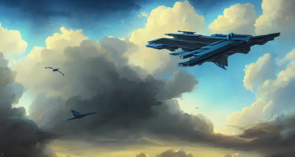 Image similar to landscape : a large wooden sleek fantasy sky - ship flying through the clouds with blue sky, andreas rocha style
